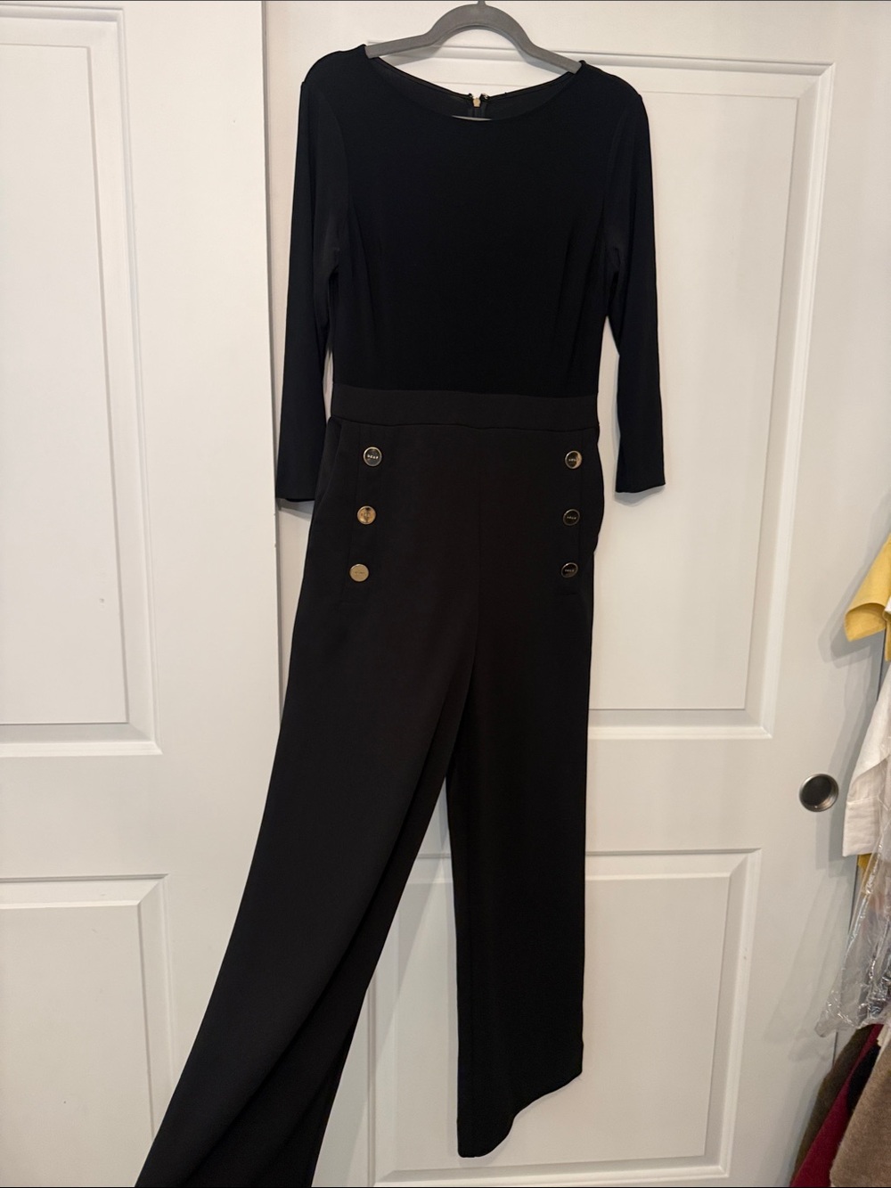 DKNY Black Long-Sleeve Jumpsuit with Gold Button Accents